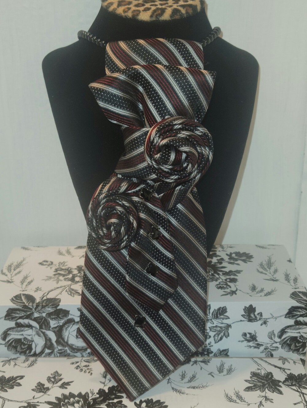 Women’s Black Striped Necktie Necklace with Rose Accents